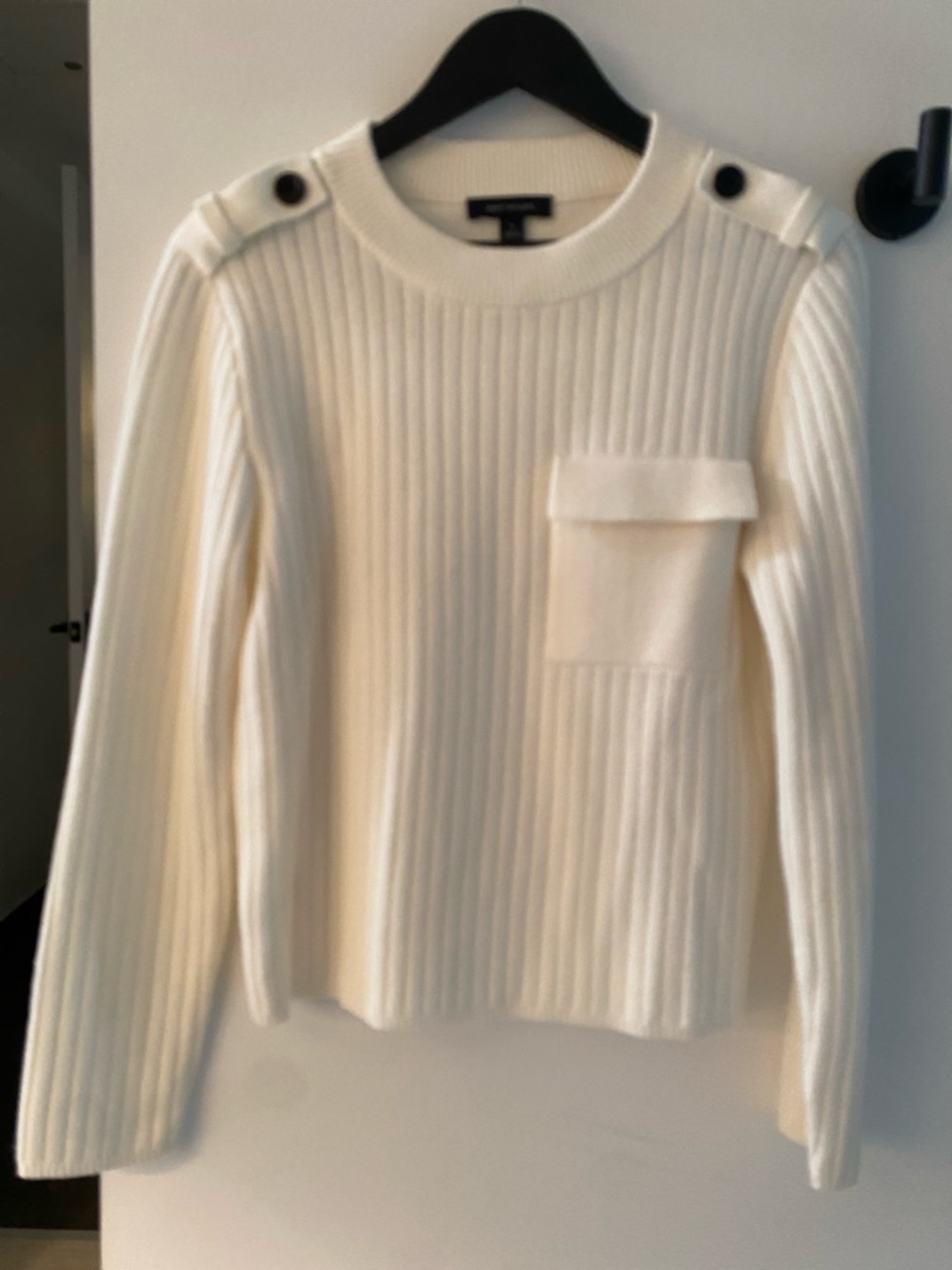 Ann Taylor White Ribbed Crewneck Sweater with Button Shoulder